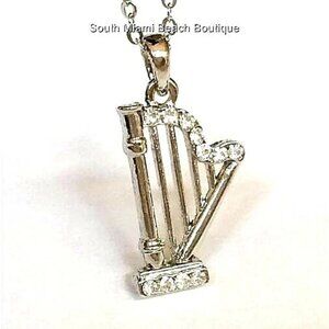 Silver Celtic Irish Lyre Harp Necklace Crystal Music Teacher Gift Plated 17"